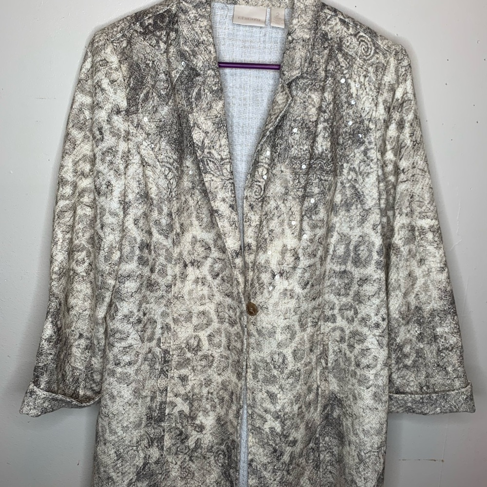 Chico's Cream and Gray Patterned Blazer